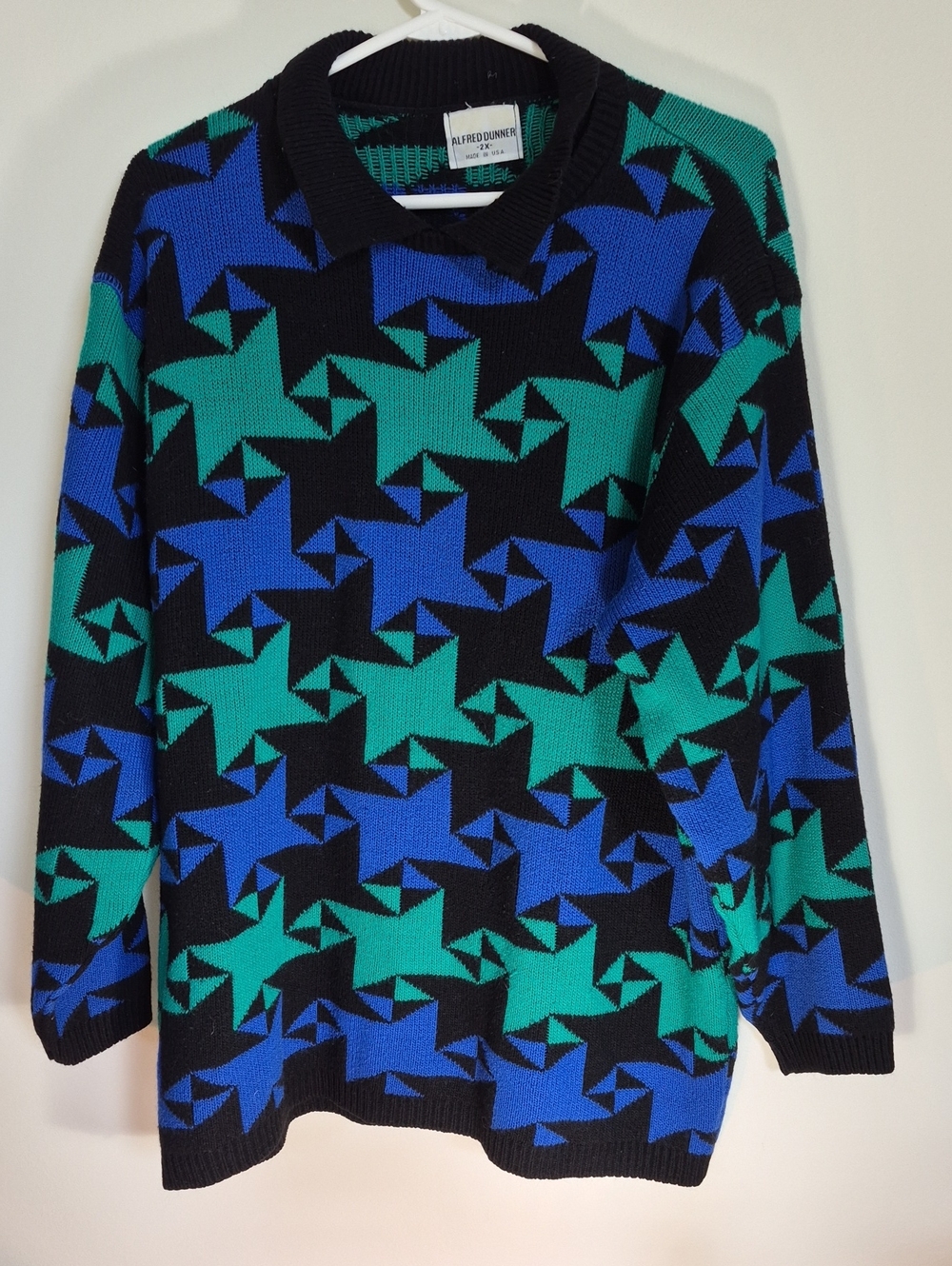 Alfred Dunner Womens Sweater with Blue, Black, Green Geometric Pattern Size 2X